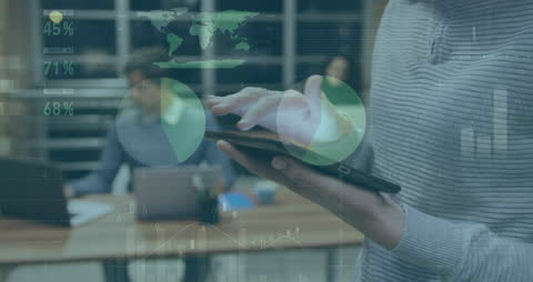 Businesswoman in Office Working on Tablet with Data Overlay