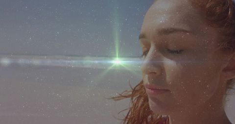Female Faced Meditating at Shore with Calm Cosmic Reflection