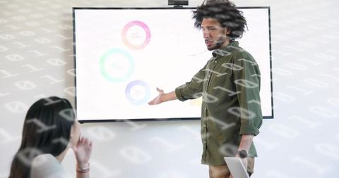 Presenting man pointing at colorful donut charts on screen during meeting with data overlay