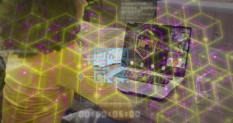 Woman Using Laptop with Digital Network Overlaying