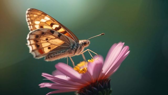 Orange butterfly feeding on pink daisy macro close-up with pollen and golden backlight