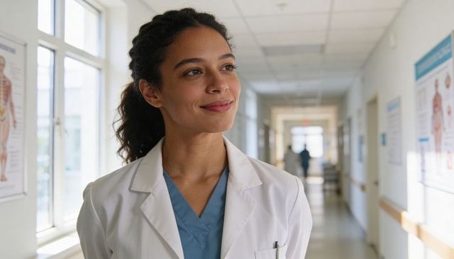Confident female doctor in white lab coat and blue scrubs standing in hospital corridor
