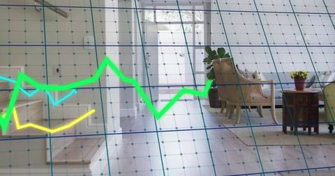 Neon Real Estate Market Chart Overlaying Sunlit Modern Entry with Rattan Chairs and Plants