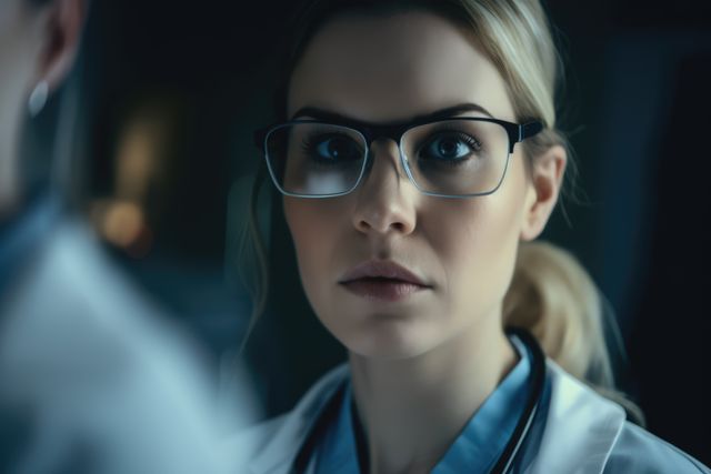 Thoughtful caucasian female doctor with stethoscope, created using generative ai technology - Download Free Stock Photos Pikwizard.com