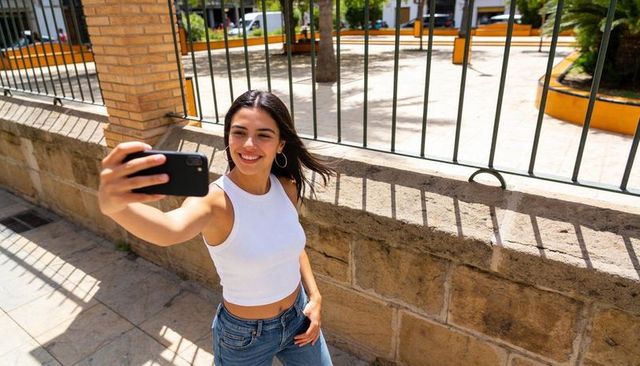 Young woman taking selfie by stone wall and metal railing on sunny urban sidewalk