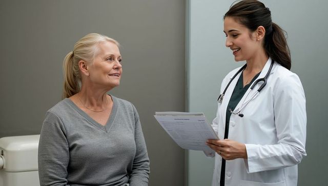 Doctor reviewing patient chart during friendly medical consultation in clinic room