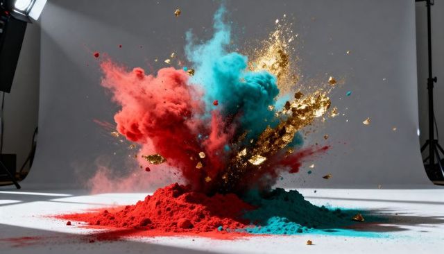 Bursting Red and Cyan Pigment Clouds with Gold Flakes Exploding in Studio Kinetic Motion