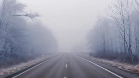 Driving into Dense Fog on Frosty Two-Lane Rural Highway at Dawn