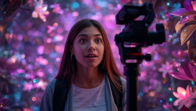 Young woman filming dreamy neon floral portrait with gimbal, cinematic bokeh studio lighting