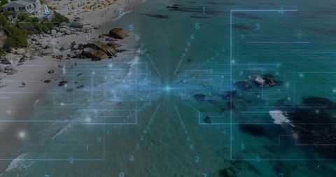 Aerial coastal cove displaying holographic HUD overlay with turquoise reef and beachgoers