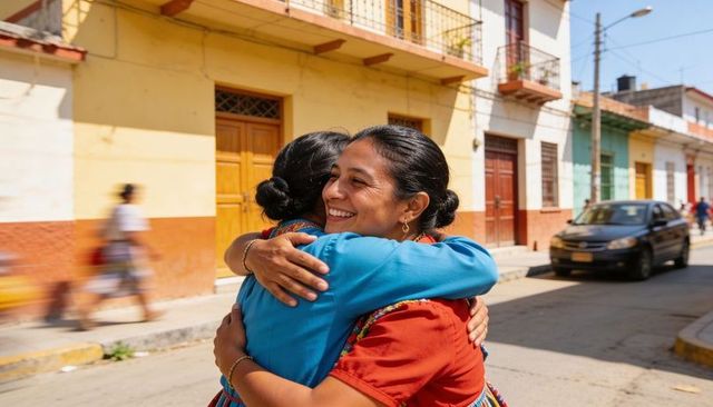 Women hugging and smiling on sunlit colonial street with colorful facades and balconies