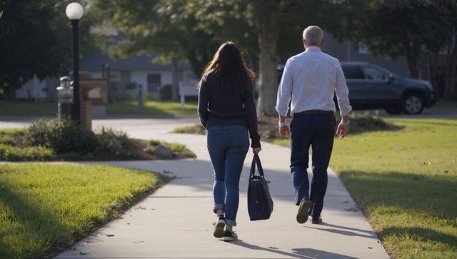 Sunlit Suburban Couple Walking on Sidewalk Carrying Tote Bag During Casual Afternoon Stroll