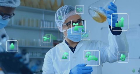 Female scientist examining amber flask, laboratory sustainability icons and data overlays