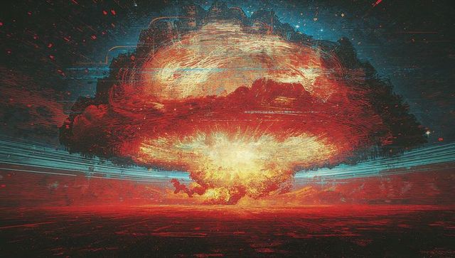 Apocalyptic Mushroom Cloud Against Glitchy Landscape Masterpiece