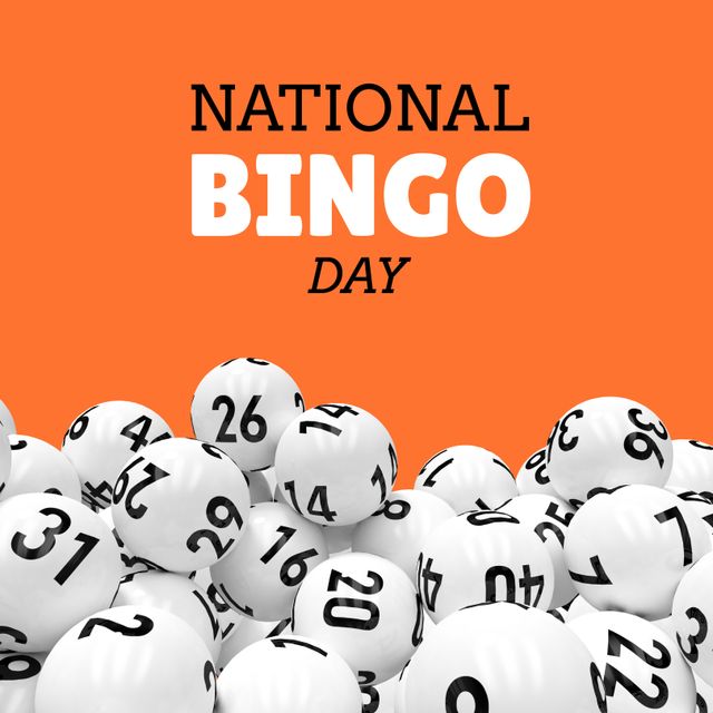 Illustration showcasing text 'National Bingo Day' with white bingo balls on an orange background. Ideal for promotions, event invitations, social media posts, and advertisements related to bingo events and celebrations.