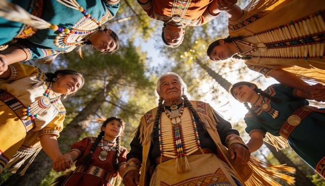 Native american elder leading intergenerational regalia circle in sunlit forest clearing