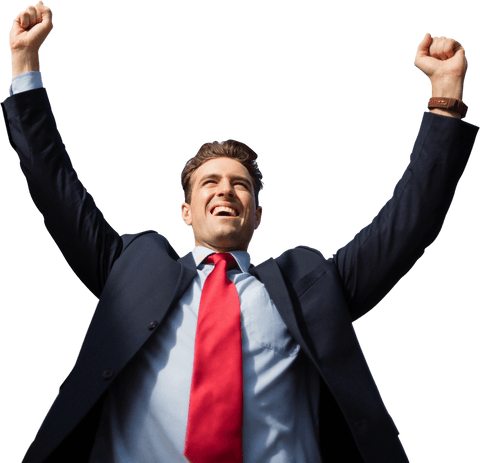 Success celebration by confident businessman transparent image