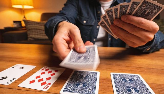 Dealing cards on wood table in cozy lamplight, casual home card game night