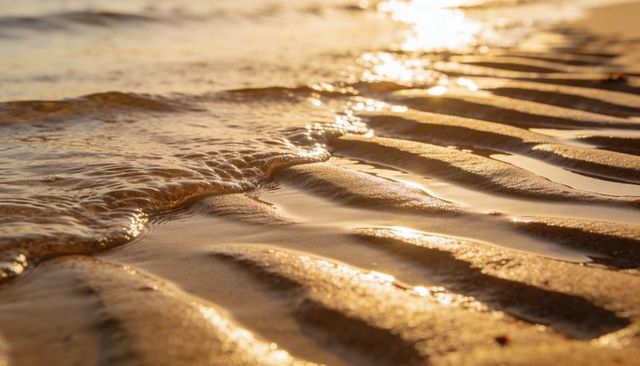 Golden sunset tide revealing wet sand ripples, shallow wave lapping, reflective tidal pools