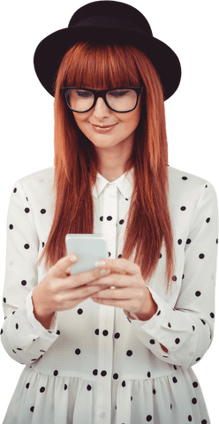 Transparent Hipster Woman Smiling Looking at Smartphone in Hat
