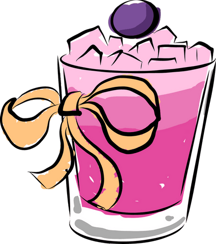 Pink cocktail glass with golden ribbon on transparent background