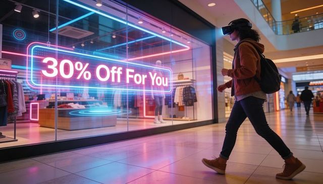 Mixed reality mall shopping: vr headset shopper walking past neon 30% off display