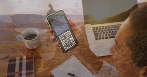 Woman Holding Smartphone with QR Code Overlaid with Beach Scene - Download Free Stock Images Pikwizard.com