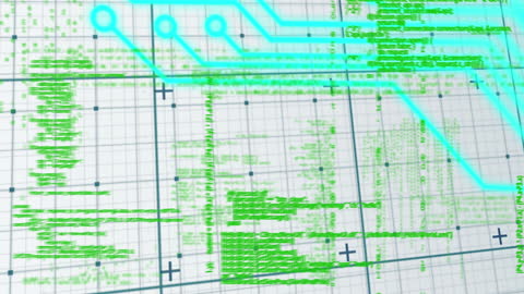 Visualization depicts a complex circuit board overlaying data on a grid background, symbolizing advanced computing and global data processing. Useful for illustrating modern technology, software development, or digital networks. Ideal for use in technology blogs, educational content about electronics, or presentations on data science and computing advancements.