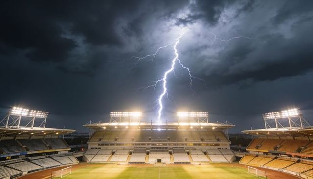 Lightning striking stadium at night illuminating main stand and pitch