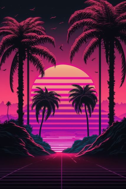 Pink and purple landscape with sun, palm trees and mountains, created using generative ai technology. Vaporwave background and colour concept digitally generated image.