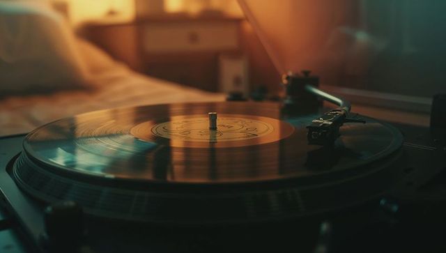 Cozy ambient vinyl player in warm bedroom