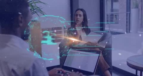 Diverse Professionals Discussing Data Analysis with Digital Interface Overlay