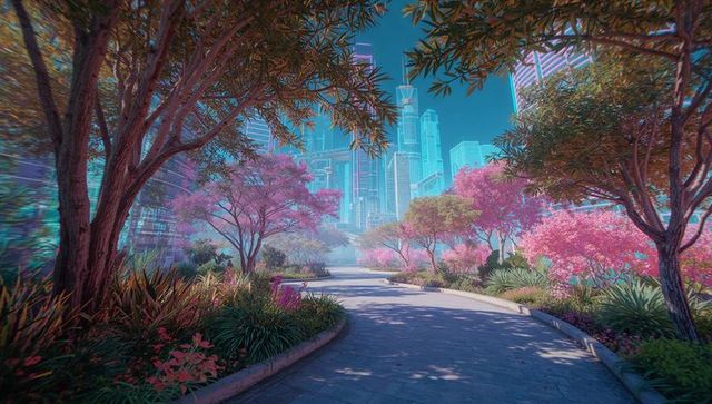 Futuristic Urban Park with Skyscrapers and Blooming Trees