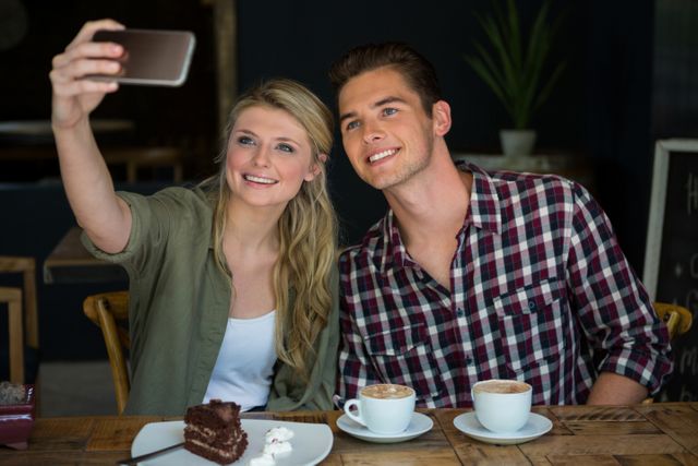 Young couple enjoying time together in a cafeteria, taking a selfie with a smartphone. They are smiling and appear happy, with coffee and cake on the table. Perfect for use in lifestyle blogs, social media posts, advertisements for cafes, or articles about modern relationships and technology.