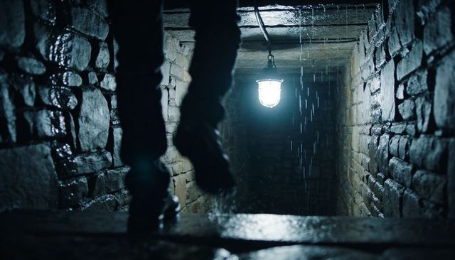 Hanging legs over wet cellar ledge under dripping lamp in dark stone tunnel