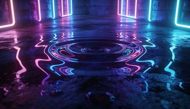 Rippling puddle reflecting magenta and cyan neon frames in wet moody corridor