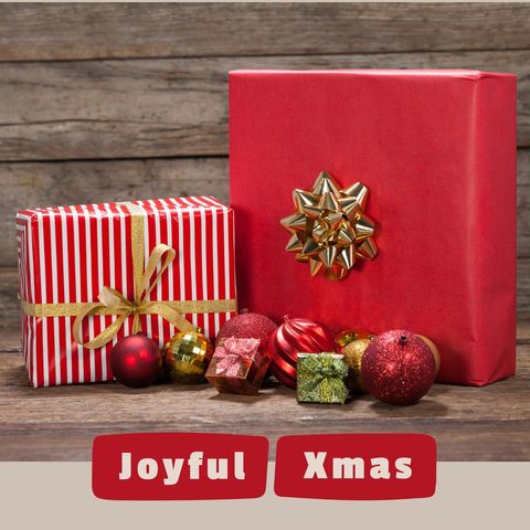 Festive christmas gifts with ornaments on wooden background