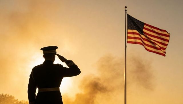 Saluting officer silhouetted at sunrise with american flag waving in memorial tribute