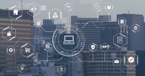 Digital Connectivity Icon Montage Over Urban Skyline - Download Free Stock Images Pikwizard.com