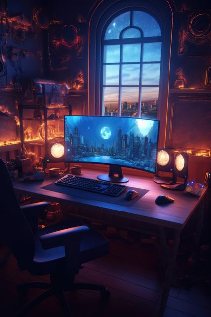 This image depicts a cozy night-time gaming setup with a large monitor displaying a cityscape. The room features glowing decorative lights and an arched window with a view of the night sky. This setting exudes comfort and a modern touch, making it ideal for blogs about home gaming setups, desktop wallpapers, or advertisements for gaming equipment.