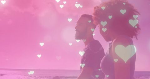 Romantic Biracial Couple Walking by Seaside Pink Overlay
