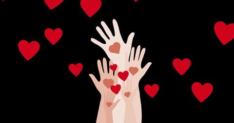 Hands Reaching for Hearts on Black Background