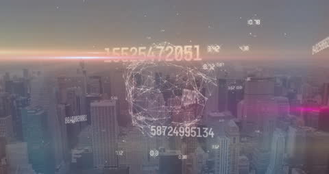 Futuristic Data Interface Over City Skyline at Sunrise