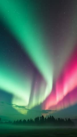 Vertical Aurora Curtains Dancing Above Fir Treeline, Magenta and Green Ribbons Rising