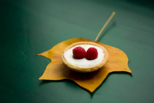 Delicious raspberry tart placed on an autumn leaf against dark green background, perfect for food blogs, seasonal recipe posts, bakery menu designs, or culinary presentations. The contrast of the vibrant raspberry and neutral leaf creates appealing aesthetic for autumn-themed promotions.