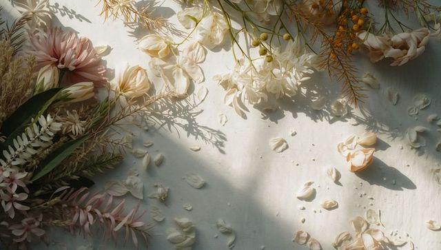 Sunlit pastel floral arrangement with scattered petals and yellow berries on linen