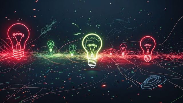 Futuristic neon light bulbs symbolizing innovation
