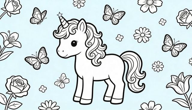 Standing unicorn with flowers and butterflies cute lineart pattern for coloring