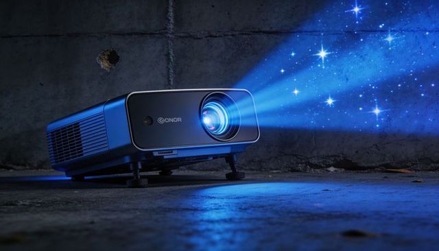 Blue laser projector casting nebula starfield across concrete wall for home theater