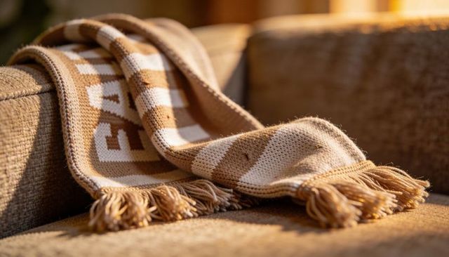 Beige white knitted throw draping on sofa with tassel fringe and sunlit warm cozy texture